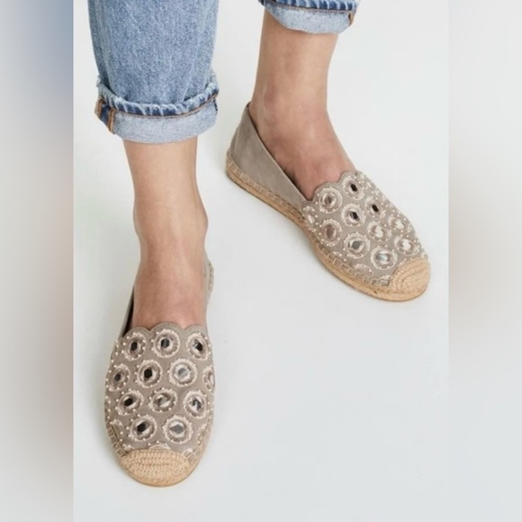 Tory Burch Yasmin Flats Espadrilles Grey Suede 7 Mirror Accents - Picture 1 of 11